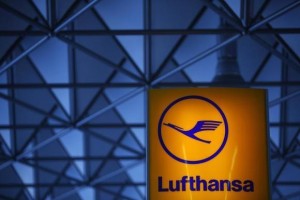 The logo of German air carrier Lufthansa is pictured at Fraport airport in Frankfurt