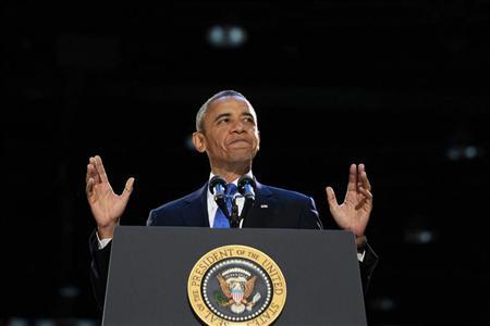 U.S. President Barack Obama speaks during his election night rally in Chicago